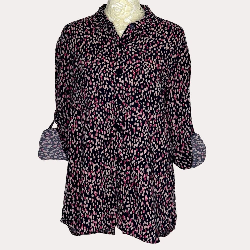 Hering Roll Tab Print Button Front Blouse Shirt Top Blue Pink M